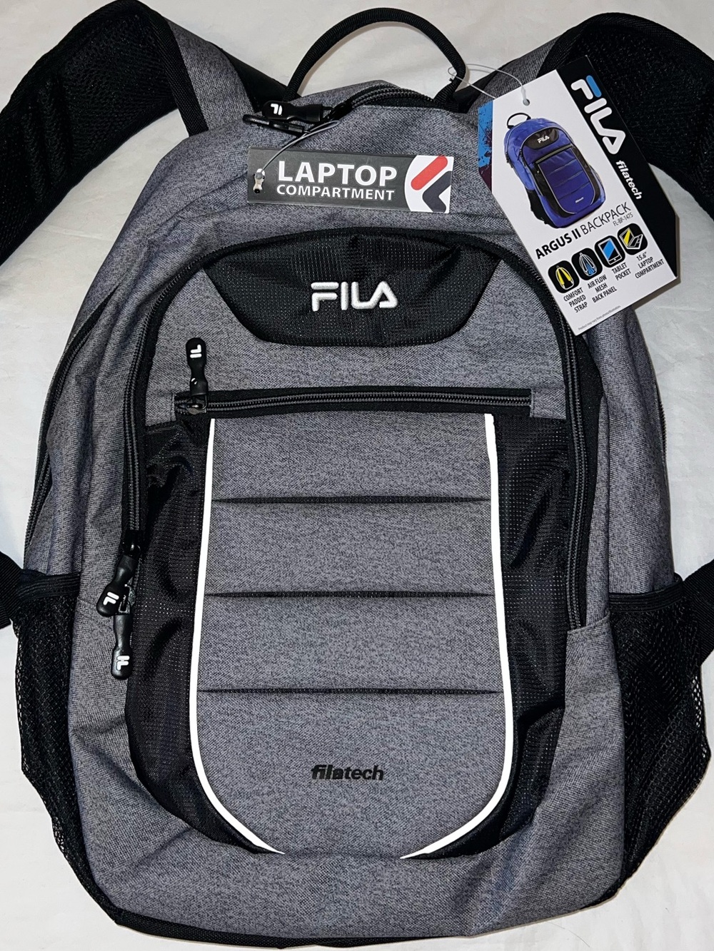 FILA Argus II Backpack in Gray & Black with White Logo - Large Laptop & Tablet